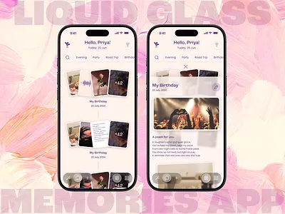 Memories App app application homepage ios liquid glass memories app modern ui product design ui ui design ux