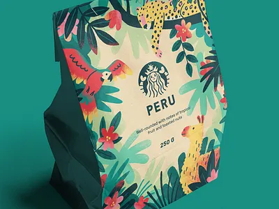 Spec Artwork for Starbucks Coffee Packaging brand illustration coffee coffee packaging illustration jungle leopard llama mockup packaging packaging illustration parrot plants spec art starbucks tropical