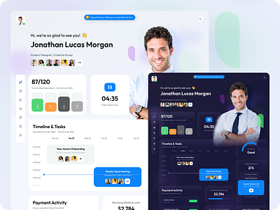 Employee Dashboard clean smart dark employee dashboard finance fintech heroheader management medical opd payments project management status task taskmanagement team timeline timetracking transactions uiux webappdesign