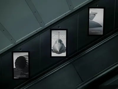 Stratos Dynamics Posters ad aerospace aviation base branding engine engineer escalator grey industrial jet logo military mockup plane poster silver tech