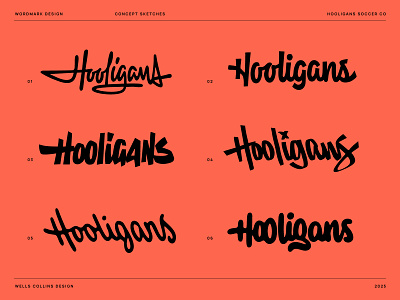 Hooligans Soccer Wordmark Concepts hand lettering hooligan hooligans lettering ligature logo logo concepts logo sketches logotype script soccer soccer brand soccer logo type typography wells wells collins wells collins design wordmark wordmark logo