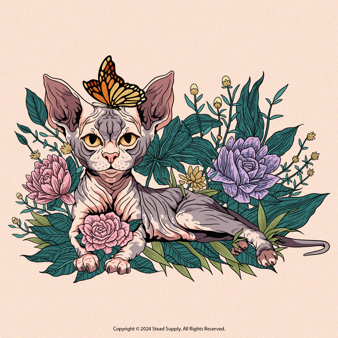 Sphynx 2d art animal client clothing design floral illustration merch project