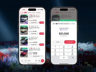 Bidding while being at LIVE auction auction backdrop bidding buttons cards cars clean counter down design header interaction ios mobile app modal progress bar stakes tab bar ui ux
