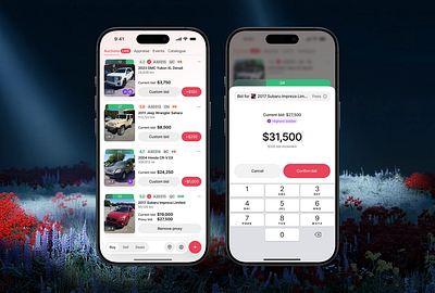 Bidding while being at LIVE auction auction backdrop bidding buttons cards cars clean counter down design header interaction ios mobile app modal progress bar stakes tab bar ui ux