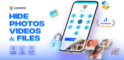 Hide Photos Videos & Files App Feature Graphic Image app design app screenshots app store branding feature graphic figma graphic design hide photos lock app locker photoshop play store feature graphic screenshot screenshots store graphic ui ux video locker