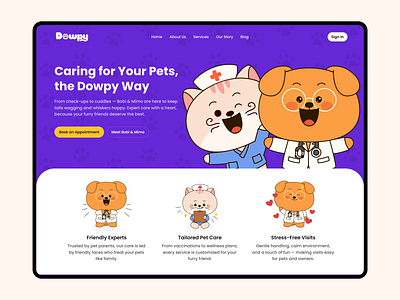Dowpy Pet Care - Character Branding 2d animation brand identity branding character character design clinic flat illustration graphic design illustration ip ip design logo mascot pet care social media ui visual identity web design website