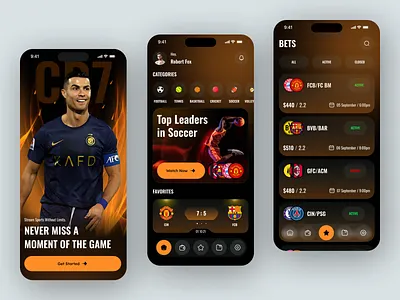 Sports Streaming App UI app design betting app dark mode design design trend football app football ui minimal mobile app sport product sports app sports streaming ui design ux