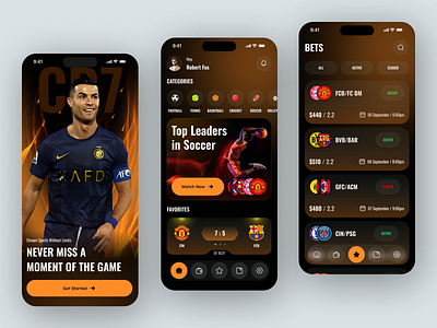 Sports Streaming App UI app design betting app dark mode design design trend football app football ui minimal mobile app sport product sports app sports streaming ui design ux