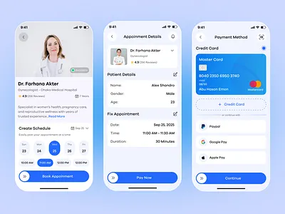 Doctor Appointment Mobile App app app design booking app calendar clean doctor app doctor appointment app doctor booking app mobile app mobile application online doctor app online payment patient app payment method schedule ui