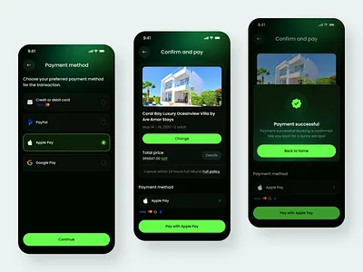 Travel App Design - Payment Flow app design apple pay dark mode ui hotel booking hotel rental mobile mobile app mobile app design mobile ui modern interface payment app travel travel app ui design ux design