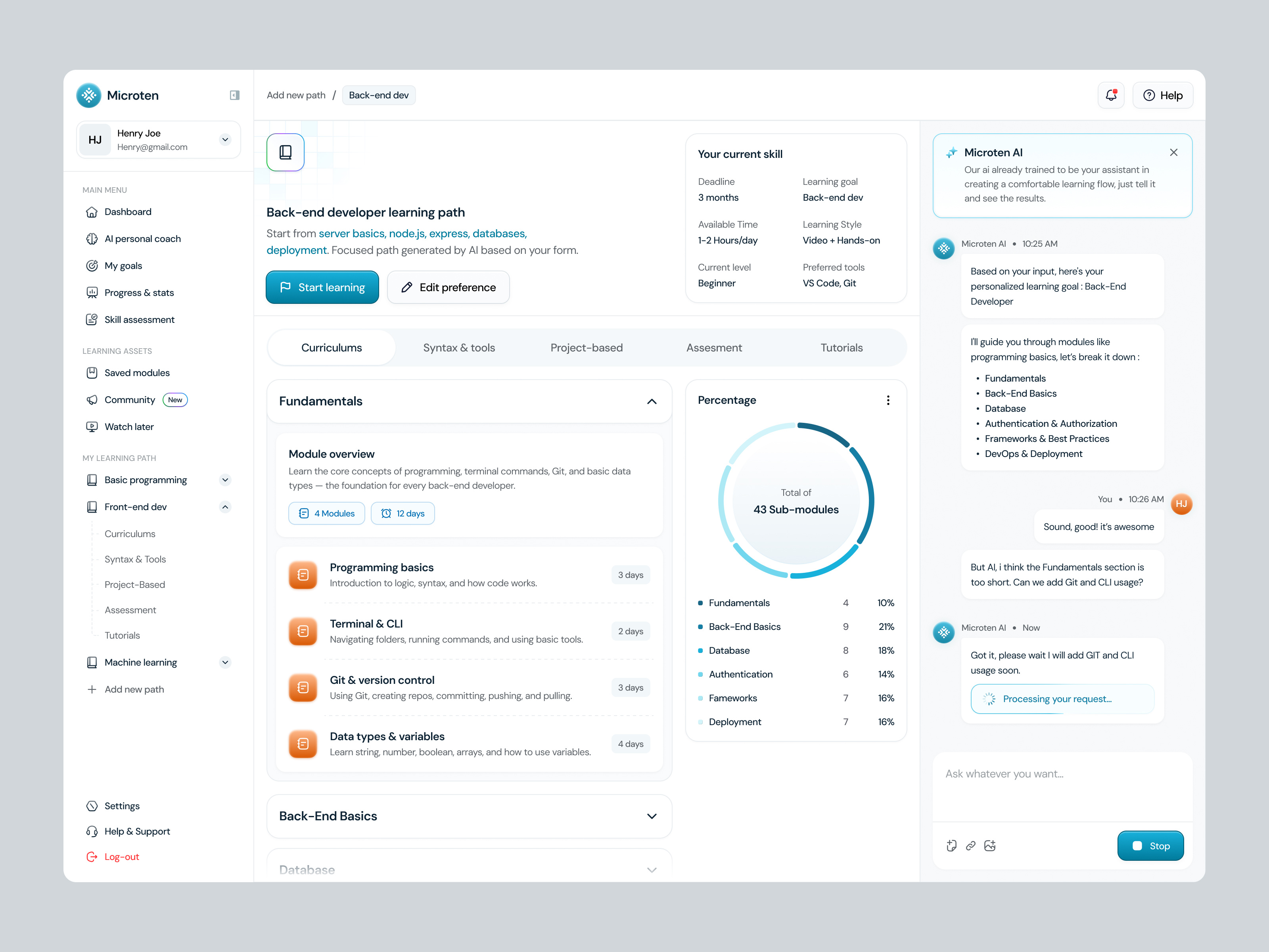 Microten – AI Learning Dashboard ai assistant ai dashboard clean design clean interface dashboard dashboard ui data visualization design education platform learning management system lms ui minimal design minimal interface modern ui product design ui uiux design ux ui design web app design