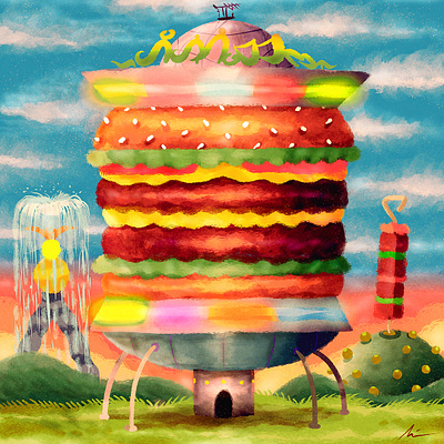"Burger invasion" architecture art branding cartoon color pencil cover design digital painting draw dream food illustration music restaurant surrealism water ink