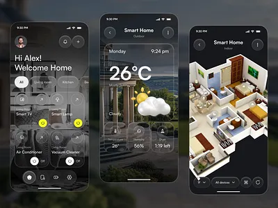 Smart Home App UI — 3D Interactive Home Control Dashboard Design 3d app ai app app design futuristic ui glass morphism home dashboard home tech iot app mobile mobile app smart home ui design