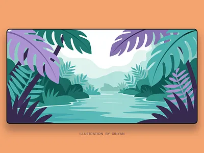Charming Jungle River Landscape Illustration adventure background camping environment foliage forest illustration jungle landscape landscape illustration mountain nature outdoor plants river stream travel tropical vector web