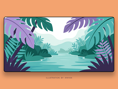 Charming Jungle River Landscape Illustration adventure background camping environment foliage forest illustration jungle landscape landscape illustration mountain nature outdoor plants river stream travel tropical vector web