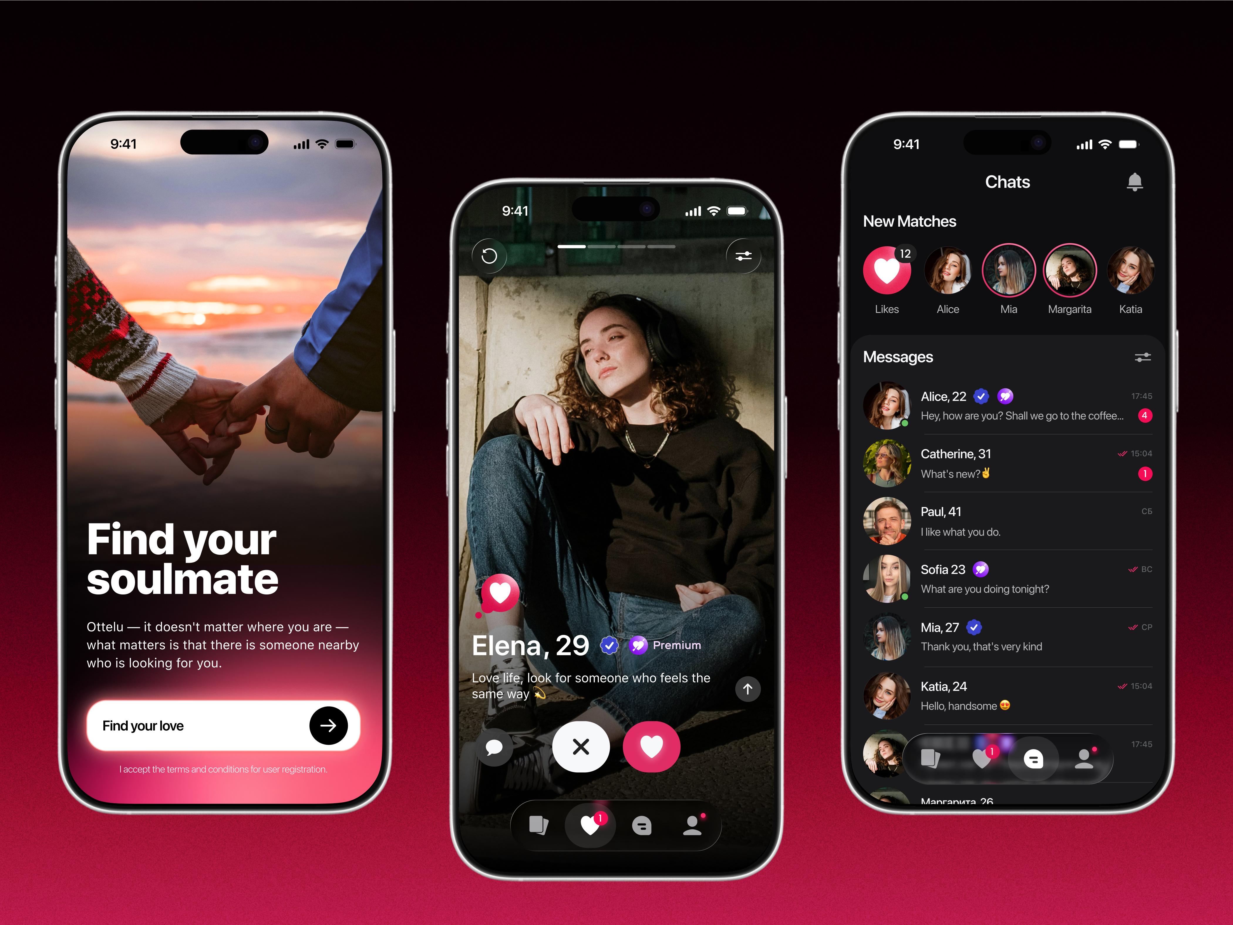 Ottelu – dating and love 😍 app chat dark mood dating ios mobile swipe ui ux