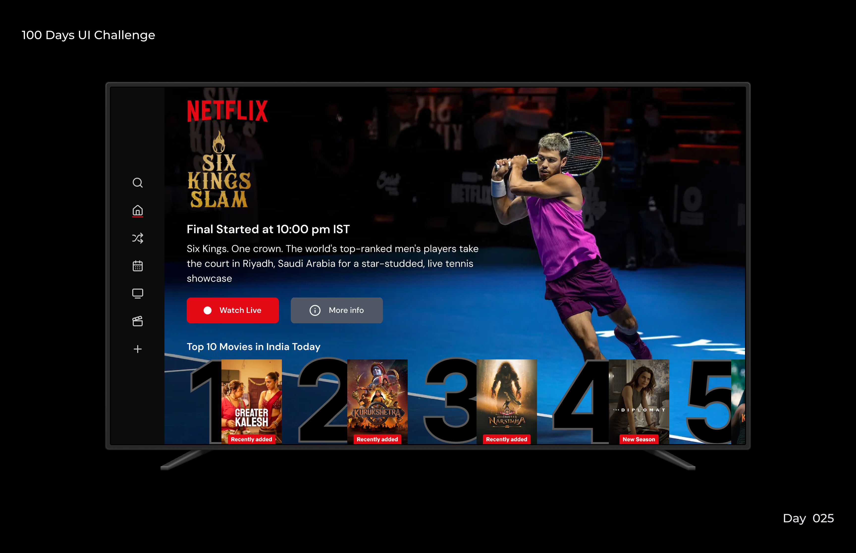 Smart Streaming TV App Interface 100daysofuichallenge 100daysui branding dailyui darkmode day25 design digitaldesign dribbble figma illustration interfacedesign logo netflixui productdesign smarttv streamingui tvapp ui uiux