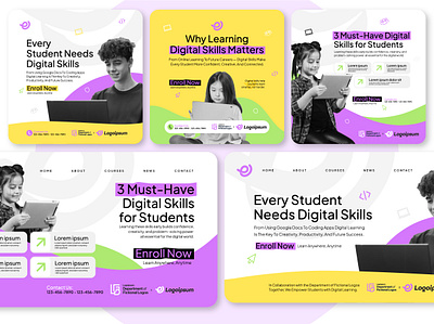 Modern Social Media Kit for Education & eLearning Brands branding creative design digital skills elearning graphic design instagram marketing minimal layout must have digital skills online classes post social media social media posts student web banner