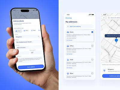 Address selection flow — Medical Service App address addressselection app blue cleanui deliveryapp design designinspiration figma flat health healthcare interface interfacedesign map medical medicalservice productdesign ui ux