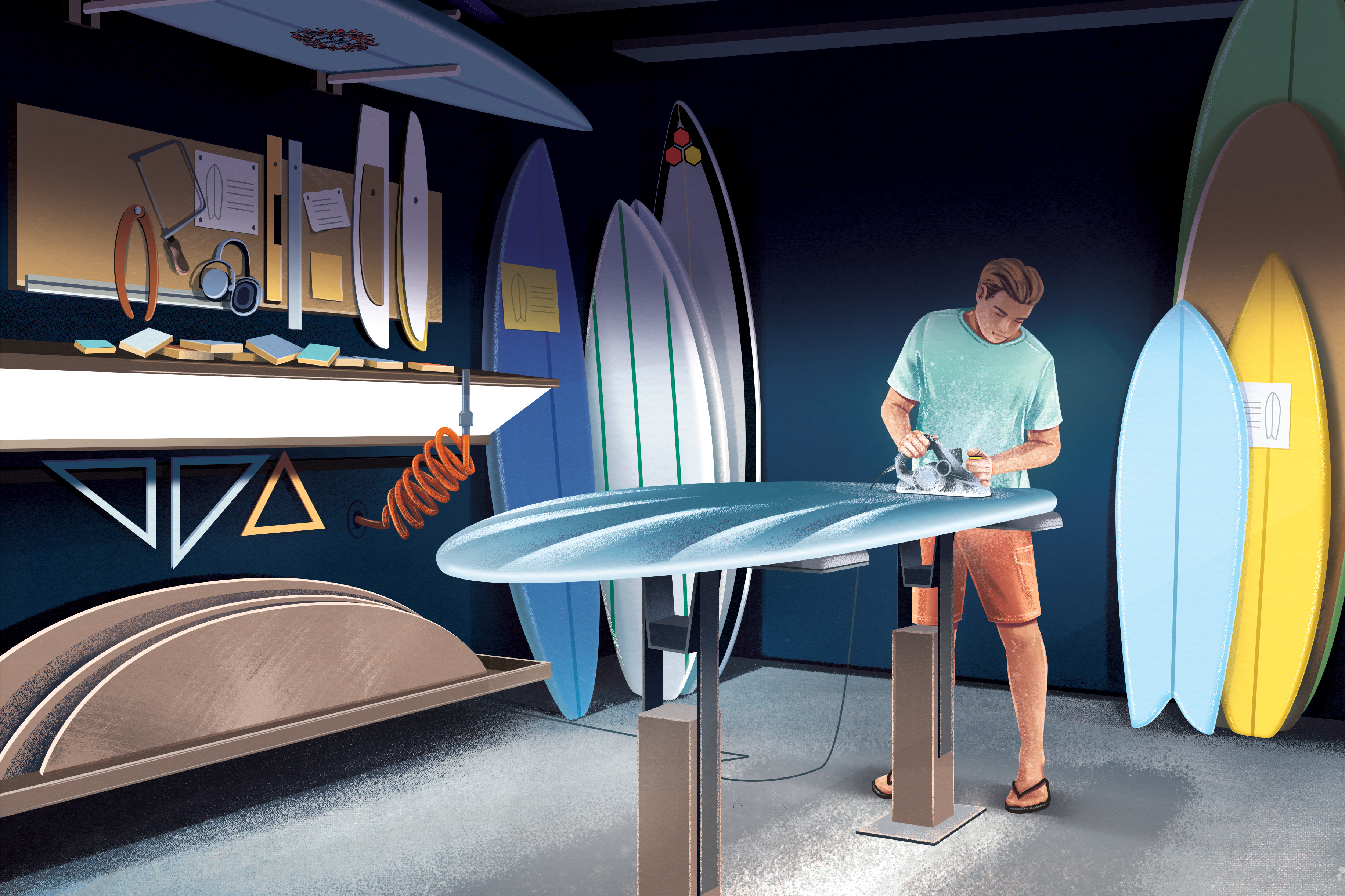 Shaper's room character colorful craft illustration lifestyle longboard man shaper shortboard surf surfboard surfing texture workroom workshop