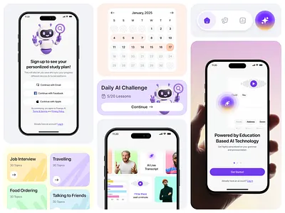 Fluen AI Language Learning App - Onboarding ai assistant bento e learning app education platform edutech header design input field landing page language language learning learning learning management system lms mobile app onboarding registration sign up speaking web ui website