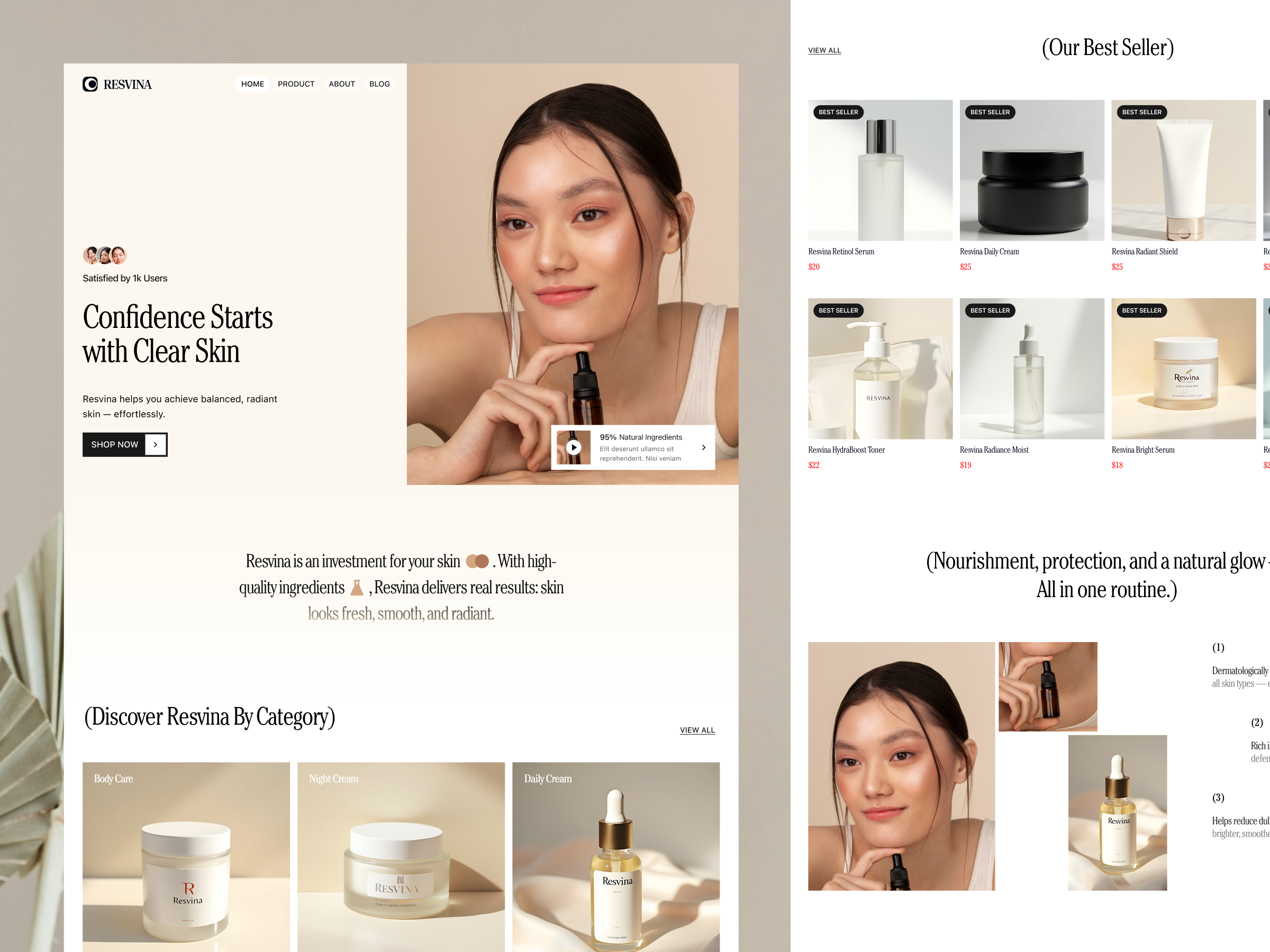 Resvina - E Comerce Skincare Web Concept 10am animation assets clean style e comerce editorial gradient landing page serif font skincare skincare landing page soft gradient typography website whitespace