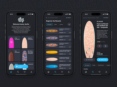 Surf — E-Commerce App for Surfboards 🌊 appconcept darkmodeui dribbbledesign ecommerceapp figmadesign minimalui mobileui modernui oceanvibes productpage sportsdesign storeapp surfapp uidesign uxdesign