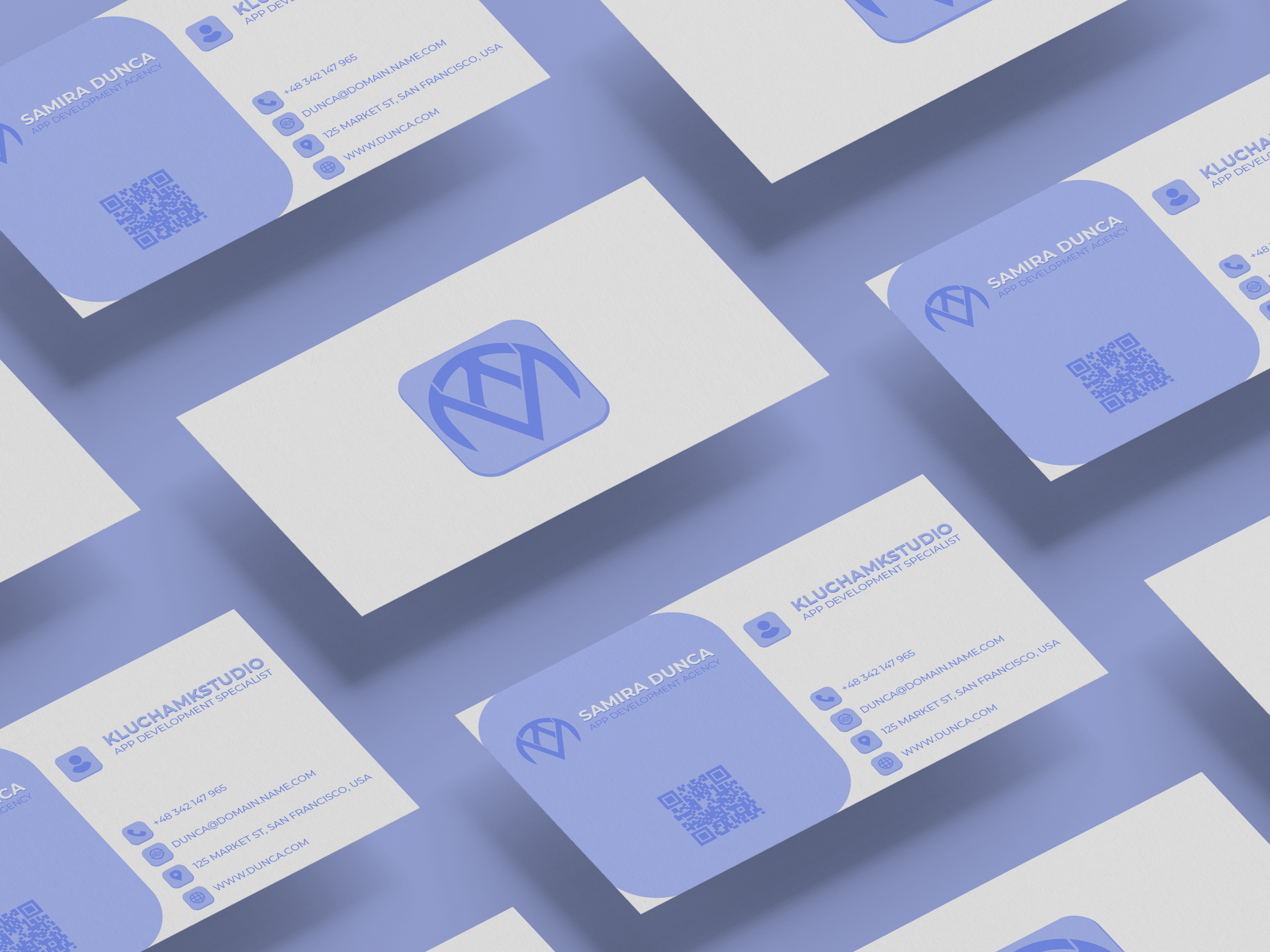 Minimalist Blue Business Card Template — Modern App Developer app developer card blue business card clean layout corporate identity digital design futuristic business card minimalist business card modern business card professional branding qr code card simple card design tech specialist design ui inspired card