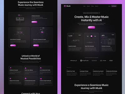 AI-Powered Music Creation Platform aidashboard ailandingpage aimusic darkdashboarddesign darklandingpage darkmodeui digitalproductdesign figmadesign minimaldesign musicappdesign musicproduction productdesign saasdesign search sounddesign techstartup uiuxdesign webappdesign
