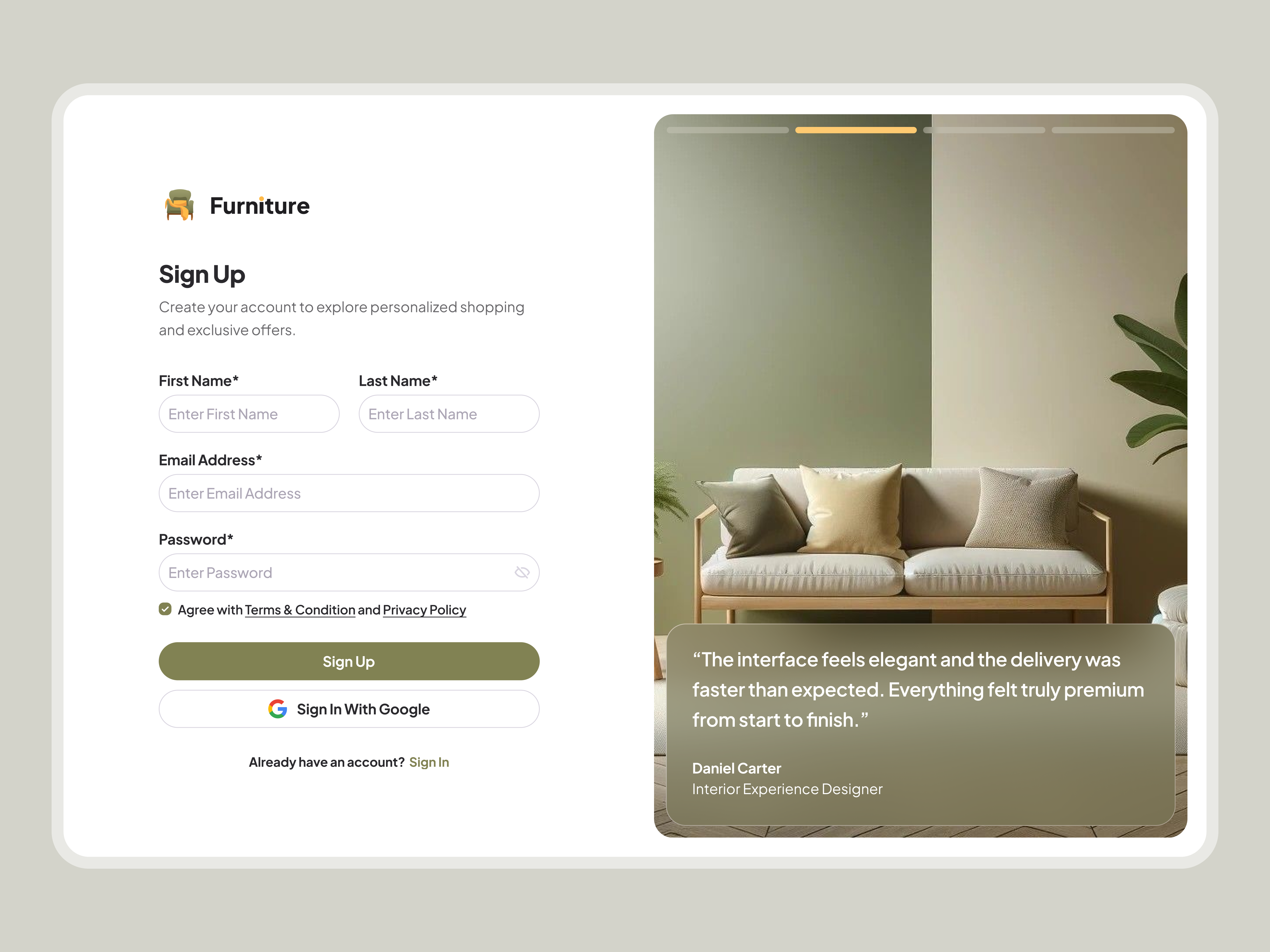Furniture E-commerce – Onboarding Flow authflow ecommerce ecommerceux furnituredesign furnitureecommerce loginscreen loginui minimaldesign modernui onboardingflow onboardingui otpverification productdesign responsivedesign signin signup uxflow uxuidesign webdesign webonboarding