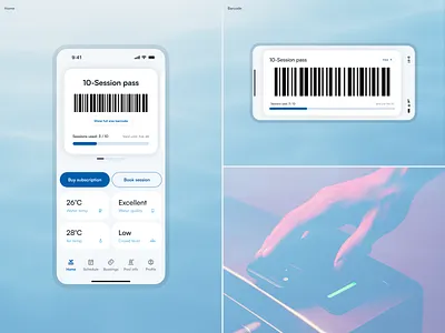 Swimming pool app concept. Home & session pass barcode app barcode feed home main mobile pool quality session session pass sport swim swimming pool temperature trainings water