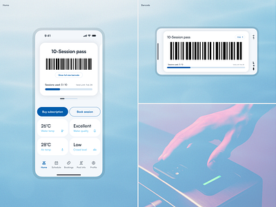 Swimming pool app concept. Home & session pass barcode app barcode feed home main mobile pool quality session session pass sport swim swimming pool temperature trainings water