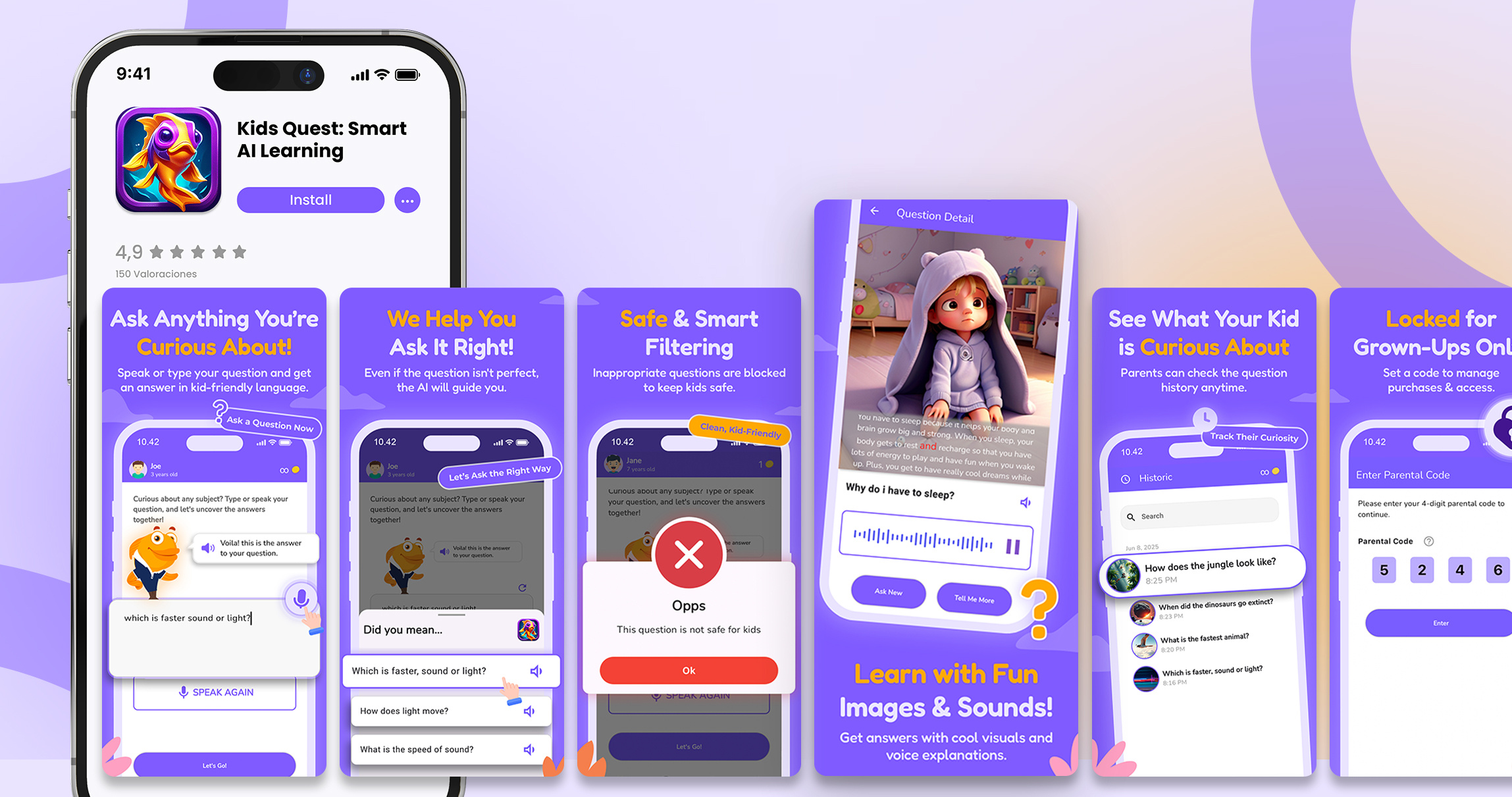 Kids Quest – Smart AI Learning App app screenshots app store app store screenshots branding design graphic design illustration play store screenshots ui