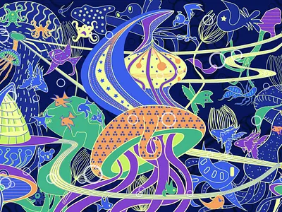 Underwater Fantasy World abstract sea cartoon character design concept art design digital art fantsy art flat illustration illustration neon pallete ocean art ocean fantasy underwater illustration vector