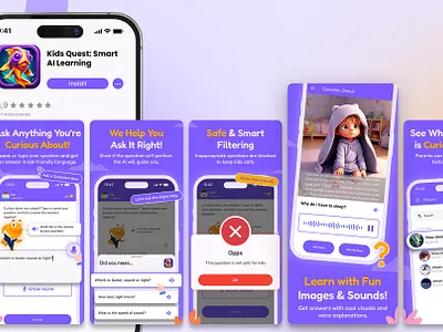 Kids Quest – AI Learning App Screenshots Design app screenshots app store app store screenshots branding design graphic design illustration play store screenshots ui