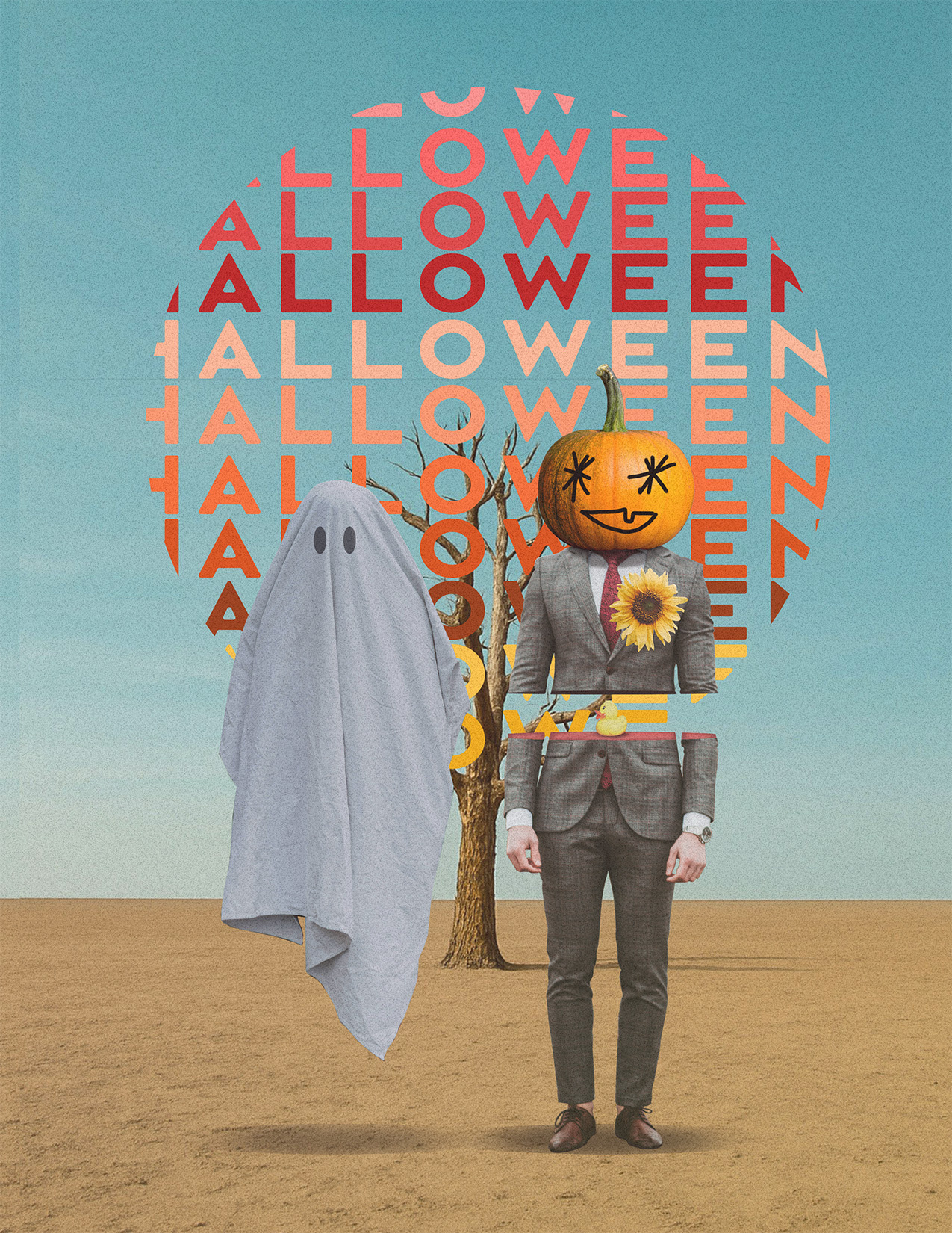 Mr Pumpkin and Miss Ghost collage color dead design digital art fall festive ghost halloween mrmiss photoshop portrait poster print pumpkin retro surreal texture typography