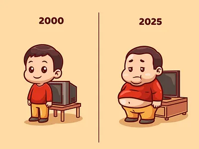 2000 vs 2025🍕📺😅 body branding character cute diet doodle flat funny gadget health icon illustration logo meme people technology transformation tv weight