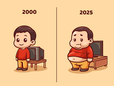 2000 vs 2025🍕📺😅 body branding character cute diet doodle flat funny gadget health icon illustration logo meme people technology transformation tv weight