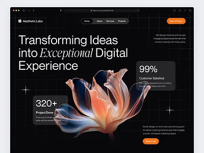 Aesthetic Labs - Digital Agency Landing Page 3d glass agency website business company profile company website creative agency creative studio creative website dark mode design design agency digital agency digital marketing digital studio glassmorphism hero section marketing agency marketing website project showcase start up web design