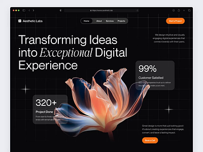 Aesthetic Labs - Digital Agency Landing Page 3d glass agency website business company profile company website creative agency creative studio creative website dark mode design design agency digital agency digital marketing digital studio glassmorphism hero section marketing agency marketing website project showcase start up web design