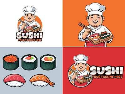 Sushi Chef Cartoon Mascot Logo asian chef icon business japan kawaii maki sushi