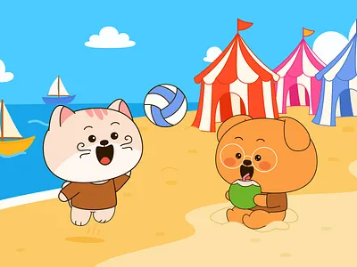 Dowpy Pet Care - Beach Carnival Illustration 2d illustration beach brand identity branding character character design concept illustration flat illustration graphic design illustration ip ip design mascot mascot design motion graphics pet pet care scene illustration visual identity