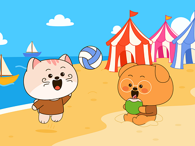Dowpy Pet Care - Beach Carnival Illustration 2d illustration beach brand identity branding character character design concept illustration flat illustration graphic design illustration ip ip design mascot mascot design motion graphics pet pet care scene illustration visual identity