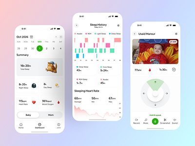 Baby monitoring app design. baby care baby deep sleep baby light sleep baby monitoring app design baby sleep history dashboard design health tech minimal mobile design modern app design parenting app product design real time monitoring sleep tracker sleeping heart rate baby smart home ui ux