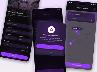 Eventbrite App – Location Flow UI app design app interface booking app design forgot password interface ios app location location app locationui map mobile app mobile screens onboarding onboarding screen register sign in sign up splash screen user interface