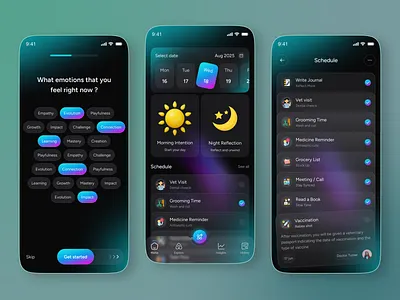 AI Journal & Diary Mobile App ai ai app ai assistant ai journal ai reflection app design dark mood design diary app emotion tracker gradient ui mindfulness app mobile app mobile app design note app onboarding ui ux design