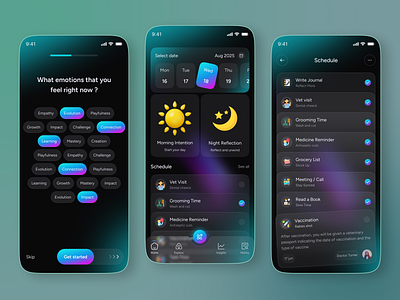 AI Journal & Diary Mobile App ai ai app ai assistant ai journal ai reflection app design dark mood design diary app emotion tracker gradient ui mindfulness app mobile app mobile app design note app onboarding ui ux design