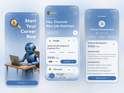 AI Job Finder Mobile App 2025 trends 3d design ai app ai design app design career app glass effect ios app job app job finder job search liquid glass mobile mobile app neumorphism ui design