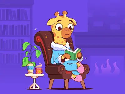 Cozy reading animal book cartoon character characterdesign cozy fireplace giraffe illustration reading vector zoo