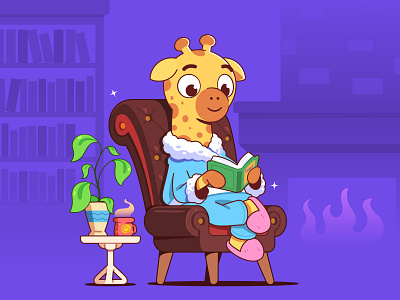 Cozy reading animal book cartoon character characterdesign cozy fireplace giraffe illustration reading vector zoo